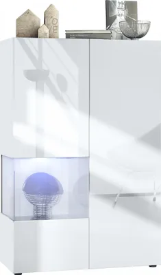 Produktbild von Vladon Vitrine Morena V2,  Germany, Standvitrine mit 2 Türen und Glaseinsatz, Korpus Weiß matt, Fronten Weiß Hochglanz, Cube Weiß Hochglanz inkl. LED-Beleuchtung Weiß (91,5 x 136,5 x 37 cm)