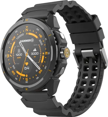 A smartwatch with a black strap and a dark gray casing, displayed at an angle against a white background. The watch face shows various metrics and a compass.