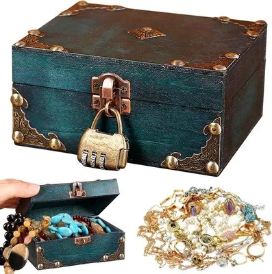 Produktbild von Holzkiste 15x12x7cm mit Schloss, Vintage, Deckel