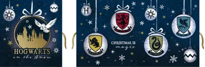 A collage of Harry Potter themed Christmas ornaments and a Hogwarts castle silhouette with an owl.