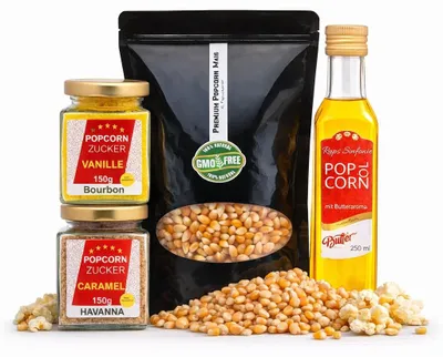 Produktbild von Hopser Funfood Popcorn Set Popcornmais Popcornöl Vanillezucker & Karamellzucker