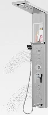Produktbild von Aufun Duschpaneel aus Edelstahl mit Ablage und Armatur, 5 Funktionen Duschsäule Regen&Nebel, 4 Breitwinkel Verstellbare Massagedüsen, Handbrause und Wasserfall-Wanneneinlauf, Duscharmatur, Schwarz