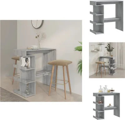 A collage of images showing a bar table with shelves, including a lifestyle shot and product shots.