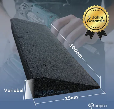 Produktbild von bepco Bordsteinrampe Schwarz, 100x25x0,5-10cm, PU-Gummigranulat, witterungsbeständig, langlebig, Schallschutz, für Auto, Motorrad, Rollstuhl, innen & außen