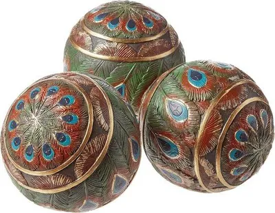 Productafbeelding van Decoratieve Pauw Gevederde Accentballen - Set van Drie Polyresin Ballen, 8 cm