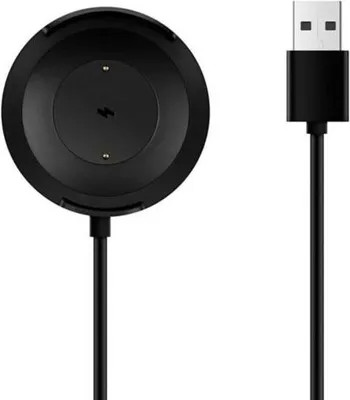 A black charging dock for a smartwatch with a USB cable attached, shown against a white background.