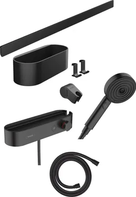 Immagine prodotto di hansgrohe WallStoris Bundle set complet Pomme de douche 105 3 jets, activation économisant leau, thermostat, barre de douche 70 cm et set daccessoires, 24250670, 24250670