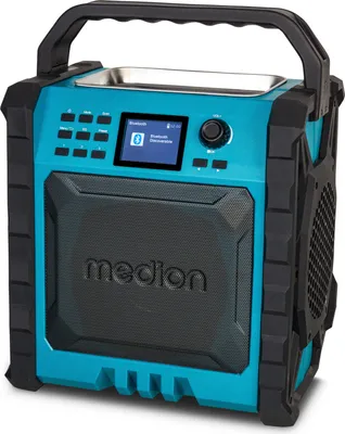 Produktbild von MEDION P66896 Baustellenradio (DAB Plus, DAB+/UKW, integrierter Akku, Farbdisplay, Bluetooth, Powerbank-Funktion, IP54, robust, zwei Passivradiatoren)