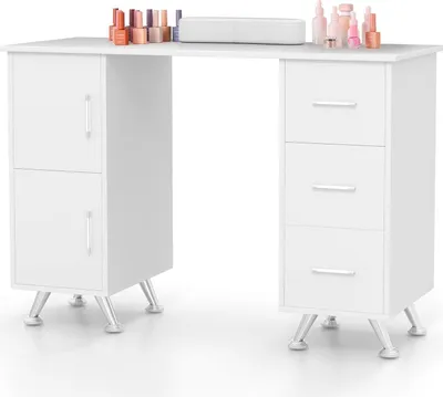 Produktbild von GOPLUS 2 in 1 Maniküretisch, Nagelpflegetisch mit 3 Schubladen, 2 Schränken, 8 Metallbeinen, Schreibtisch für Schönheitssalon, Zuhause (Weiß)
