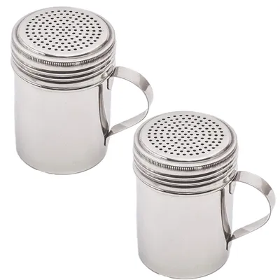 Two stainless steel shakers with handles and perforated lids are shown against a white background.