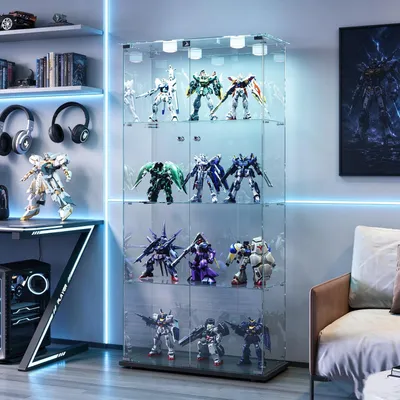 Imagen del producto de Vitrina de vidrio con iluminación LED, tipo expositor, con 4 estantes de vidrio y 2 puertas con cerradura. Armario expositor para colecciones