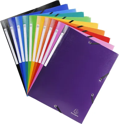 Produktbild von Exacompta 55810E Packung (mit 10 Sammelmappen aus PP mit 3 Klappen, Gummizug, blickdicht, ideal für Ihre Dokumente DIN A4) 10 Stück farbig sortiert