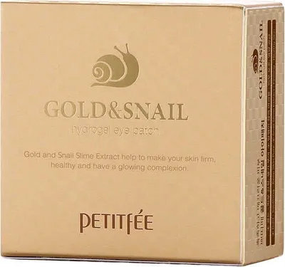 A close-up of a gold-colored box for Petitfee Gold & Snail Hydrogel Eye Patch.