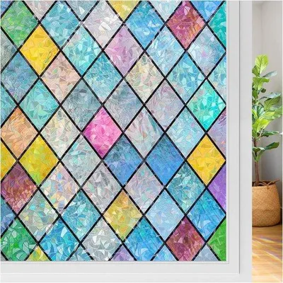 Produktbild von 17,5"×78,7" Glasfolie mit Regenbogendekor, 3D-Privatschutz, buntes Hahnentanzmuster, statischer Sonnenschutz für Häuser