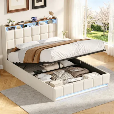 Produktbild von INONEFT Boxspringbetten 140x200 mit LED und USB/C, Polsterbett mit hydraulischem Stauraum und Lattenrost,Doppelbett Bettgestell,Leinen, Beige