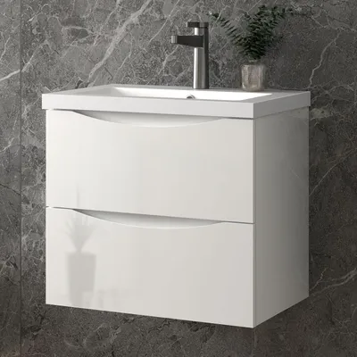 Produktbild von Badezimmerschrank Mineralguss Waschtisch mit Unterschrank Hochglanzweiß 50x37x50cm Badmöbel Set mit Soft-Close