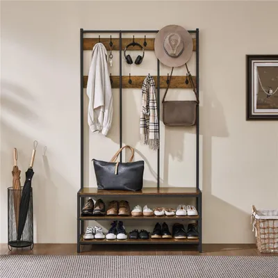 A hallway or entryway with a coat rack and shoe storage unit.