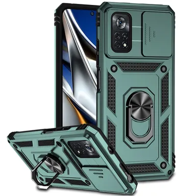 Immagine prodotto di Xiaomi Poco X4 Pro 5G custodia a doppio strato con copertura scorrevole della fotocamera e supporto ad anello verde
