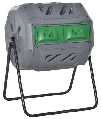 Obrázok produktu pre Kompostér do záhrady – rotačný dvojkomorový kompostér – objem 30 litrov – oceľový rám – plast PP – 71 x 64 x 96 cm – svetlosivá farba