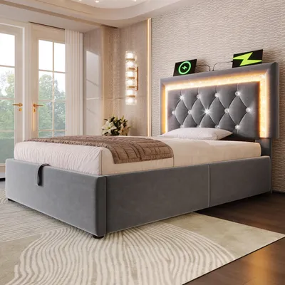 Image de Lit rembourré 90x200 cm Lit simple en velours avec bande LED diamantée dans la tête de lit, station de recharge USB et Type-C, lit moderne pour adolescent avec sommier à lattes, gris (sans matelas)