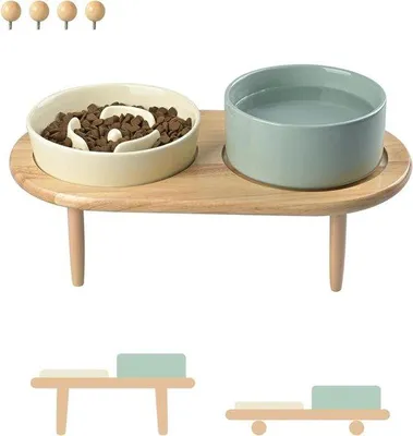 Produktbild von Famanu Anti-Schling-Keramikteller-Set mit Bambusständer - beige - hellgrün