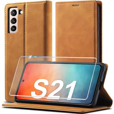 Productafbeelding van Telefoonschaal S21, flippercase, lederen portemonnee, beschermfolie, bruin