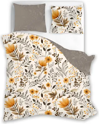 Zdjęcie produktu dla Pościel bawełniana 140x200 + 70x90 – Kwiaty pomarańczowe/ latte