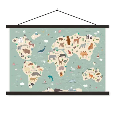 Produktbild von MuchoWow® Textilposter Erde - Weltkarte Kinder - Tiere - Jungen - Mädchen - Blau 90x60 cm mit schwarzem Rahmen - Aufhängungssatz
