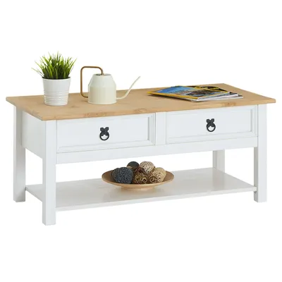 Produktbild von Couchtisch TEQUILA, schöner Beistelltisch mit 2 Schubladen, Wohnzimmertisch im Landhaus Stil, eleganter Sofatisch mit Ablageplatte in weiß/braun