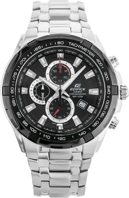 A close-up, studio shot of a men's Casio Edifice chronograph watch with a silver metal band and a black dial.