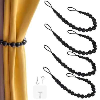Produktbild von Holzperlen-Gardinenhalter, Boho-Gardinenhalter, Wand-Gardinenhalter, rustikale Gardinenhalter, Fensterdekoration, Gardinenhalter mit Haken, Gardinenhaken (2, schwarz)