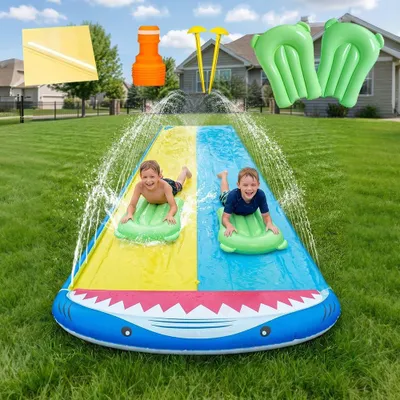 Produktbild von Wasserrutsche 480x140 cm, doppelt, mit Rasensprenger und 2 Bodyboards, für Garten