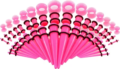 Produktbild von 50 Stück Ohr-Expander, doppelte O-Ringe, ausgestellte Tunnel, dreiteiliger Anzug, hypoallergen, Piercing-Schmuckset, glatte Oberfläche, Acryl-Kegel und Stecker, Silikon-Tunnel, perfektes Geschenk-Rosa