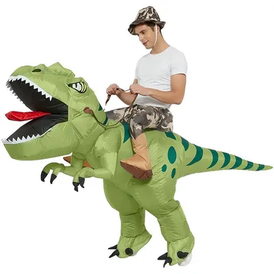 Zdjęcie produktu dla Nadmuchiwany kostium T-Rexa, realistyczny design dinozaura, szybkie napompowywanie, kolor zielony, odpowiedni dla osób o wzroście 120-150 cm