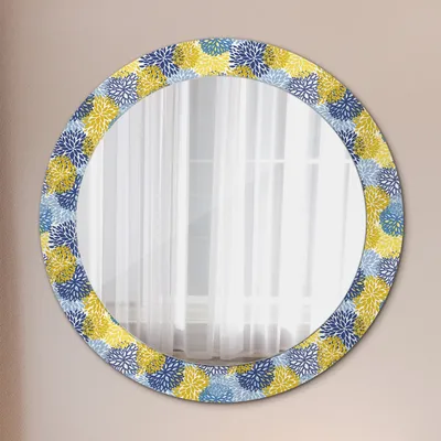 Produktbild von Spiegel mit Grafiken – Modern Spiegel - Dekorative Spiegel – Schminkspiegel - Rundspiegel - Blau Blumen - Rund: Ø70cm
