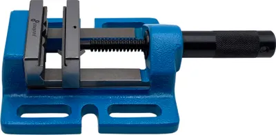 A blue drill press vise with a black handle is shown against a white background.