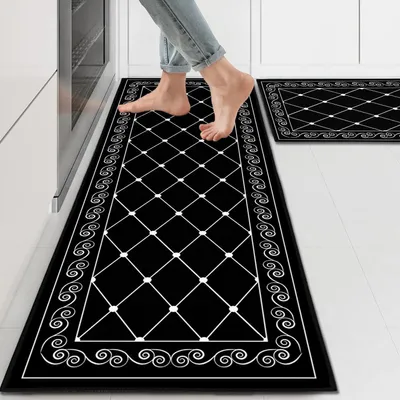 Image de Tapis de cuisine, ensemble de 2 pièces, motif à carreaux noirs, dimensions 43x150 cm et 43x75 cm, antidérapant, lavable