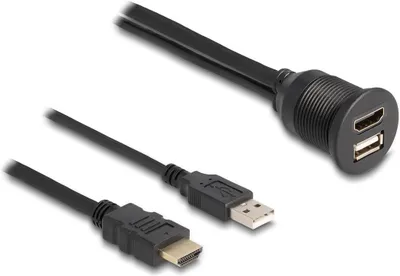 Produktbild von DeLOCK Kabel HDMI-A Stecker und USB 2.0 Typ-A Stecker zu HDMI-A Buchse und USB 2.0 Typ-A Buchse zum Einbau wasserfest 1 m, Schwarz, HDMI-A, USB 2.0 Type-A, Männlich/Weiblich, Männlich/Weiblich, Polyvinylchlorid (PVC)
