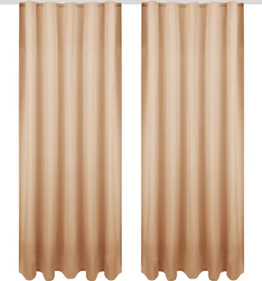 Two beige curtains hanging vertically against a white background.