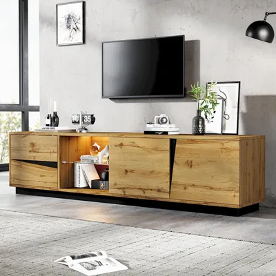 Produktbild von TV-Schrank 180x35x45, LED, MDF, 2 Schubladen, 2 Türen, Glasablage, offenes Fach, Kabeldurchführung