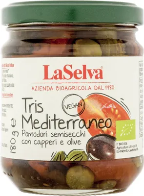 Produktbild von LaSelva Tris mediterraneo -halbgetrocknete Tomaten mit Oliven und Kapern in Öl - 180g