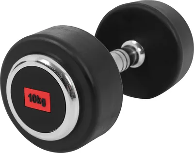 A single black dumbbell with a silver handle and a red 10kg weight indicator on a white background.