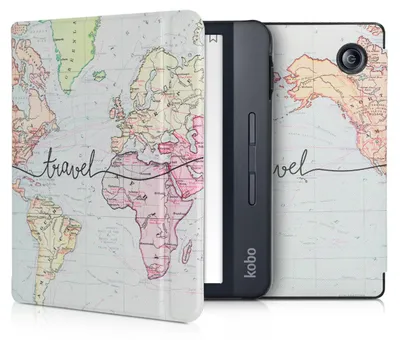 Produktbild von kwmobile Schutzhülle für Kobo Libra H2O Hülle - eReader Flip Case mit Auto Sleep Funktion - Travel Schriftzug mit Schwarz Mehrfarbig