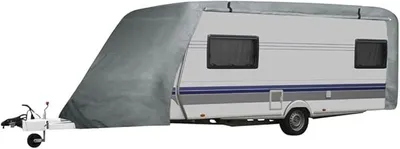 Productafbeelding van Caravanhoes, grijs, maat M, 610 x 230 x 220 cm, waterdicht, ademend, UV-bescherming, met spanriemen, opbergzak, geschikt voor winter, zomer en buitengebruik