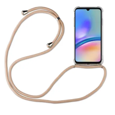 A smartphone with a beige lanyard case is displayed against a white background.