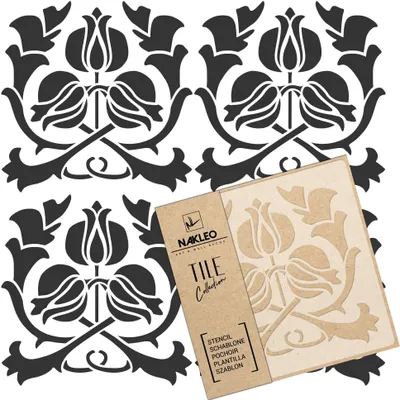 Produktbild von Tile Fliesen Schablone zum Malen 15x15 cm, Art Nouveau Deco Blume Geometrisch, Kunststoff Wiederverwendbare Bodenschablone DIY
