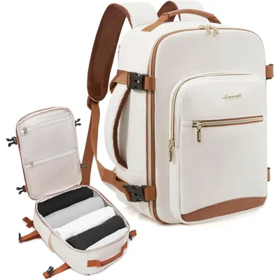 Image de Sac à dos cabine 40x20x25cm, compatible avec Ryanair, sac de voyage pour avion avec compartiment pour ordinateur portable, couleur beige et marron