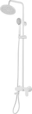 A white shower system with a head and hand shower is shown against a white background.