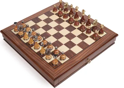 Produktbild von Schachset Figuren Messing/Buchenholz Staunton + Schachbrett Nussbaum/Ahorn 43