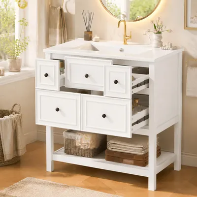 Immagine prodotto di Lavabo sospeso bianco okwish con 5 cassetti, mobile bagno con spazio aperto e guide scorrevoli silenziose